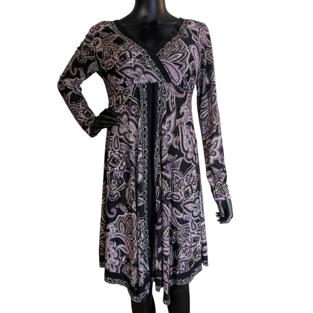 INC International Concepts Paisley Wrap Dress M Purple Black Long Sleeve